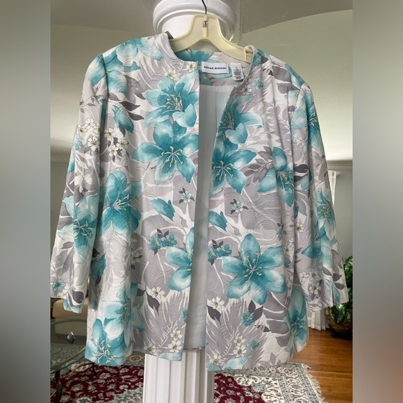 Alfred Dunner women’s floral print open front 3/4 sleeve blue and gray Jacket 14 - Picture 1 of 4